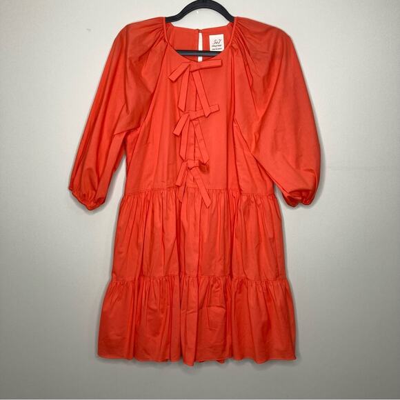 NWT CINQ A SEPT Lynn Dress Neon Coral Orange Ruffle Puff Sleeve Bow Tiered 8 - Picture 4 of 9